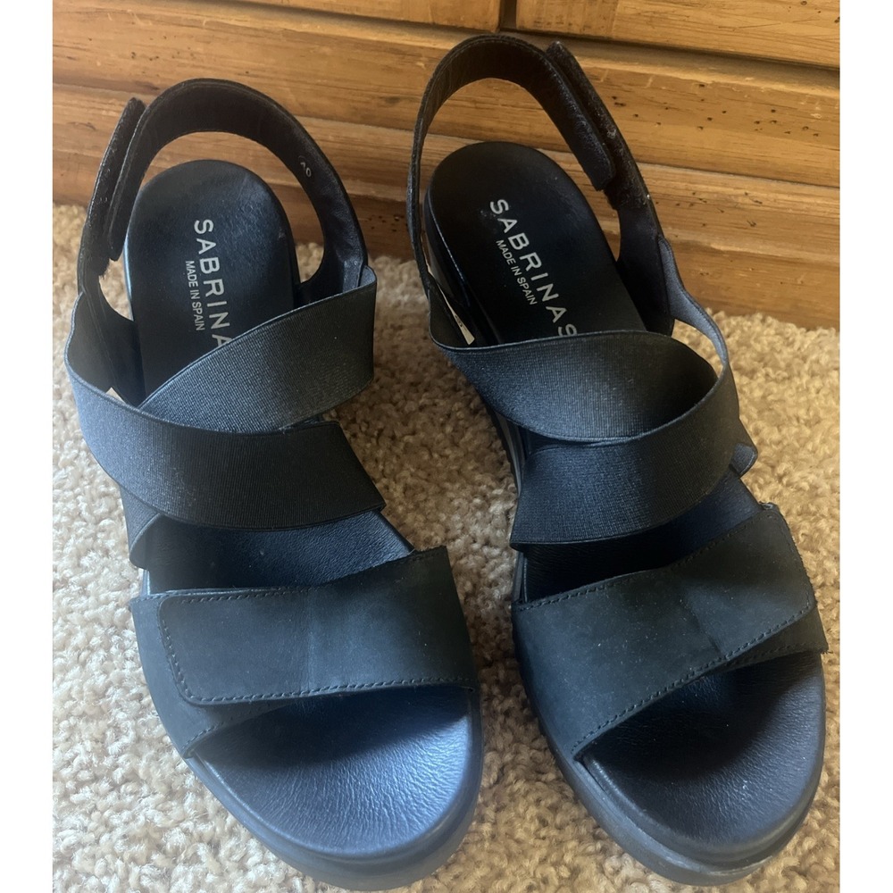 Sabrinas Sandals Womens Wedges‎ Made In Spain (40) 7.5  Black Leather Stretch